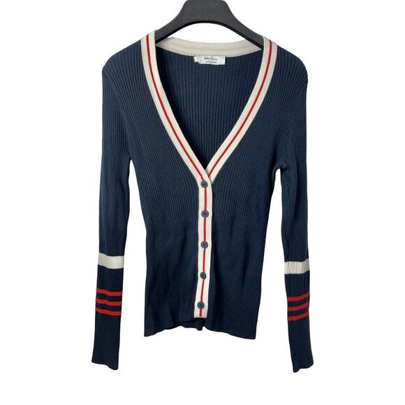 Bailey 44 Derosa Ribbed Deep V Neck Cardigan Size L Navy Preppy Dark Academia - Picture 1 of 6
